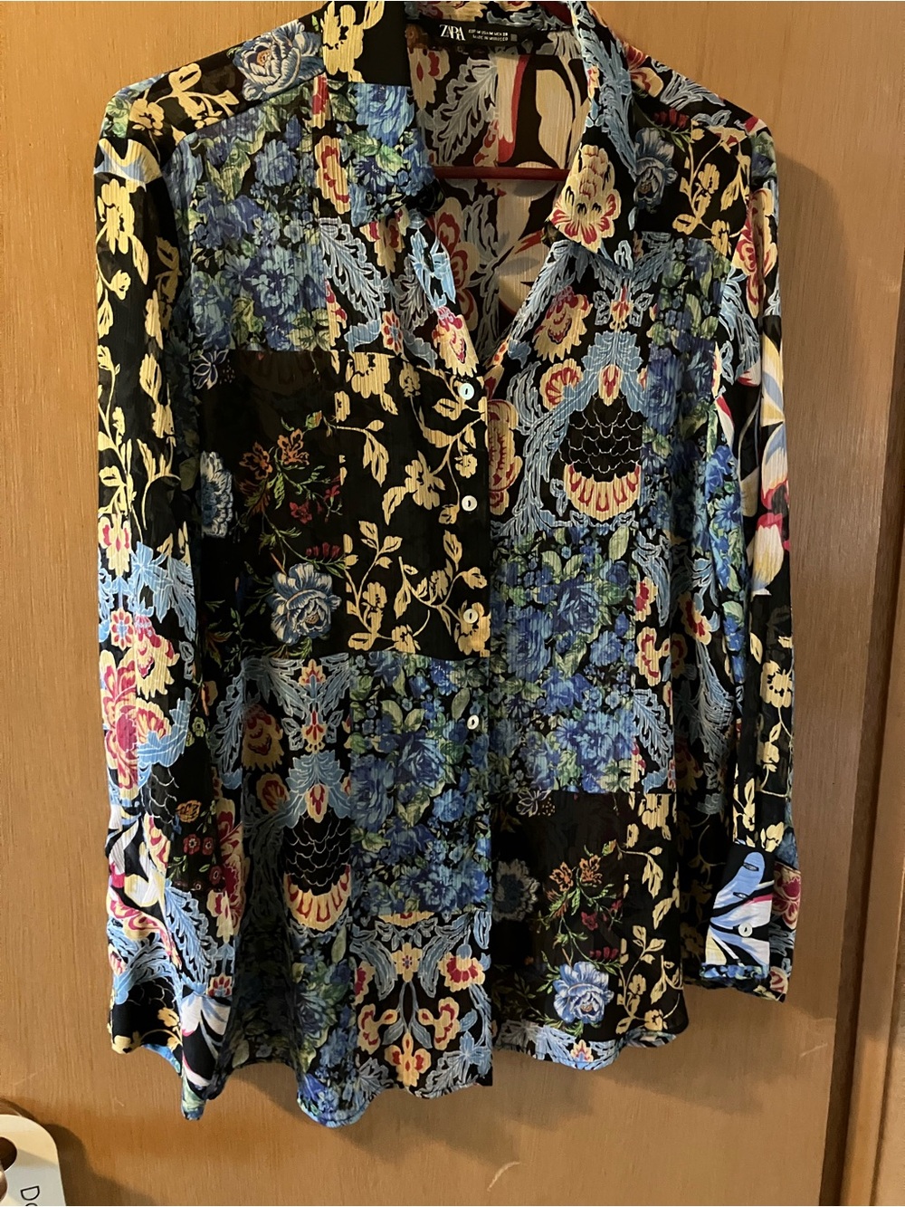 Zara Black Floral Patchwork Button-Down Shirt with Blue and Cream Accents